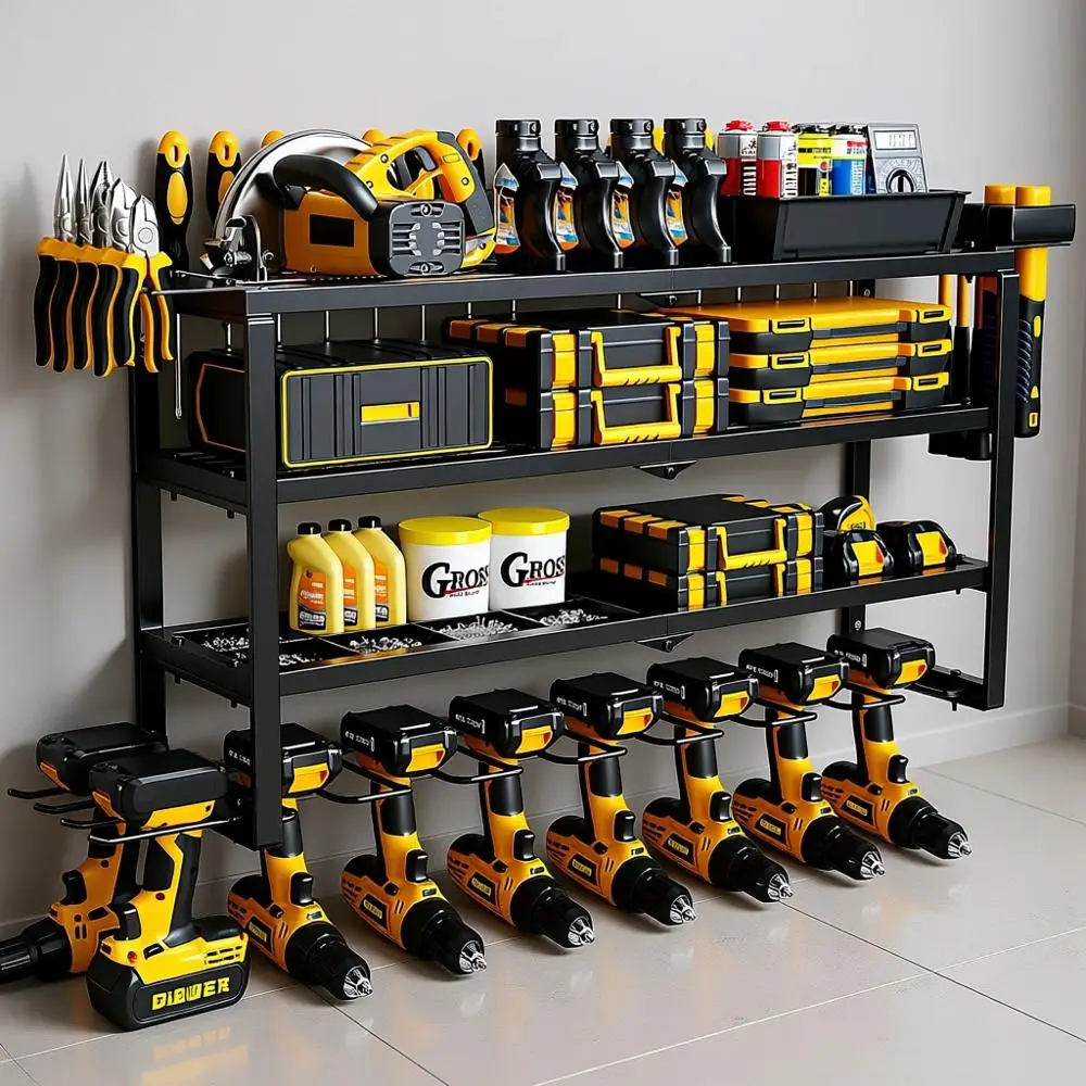 4-Layer Heavy-Duty Metal Wall Mount Tool Organizer with 9 Drill Holders for Garage Workshop Storage