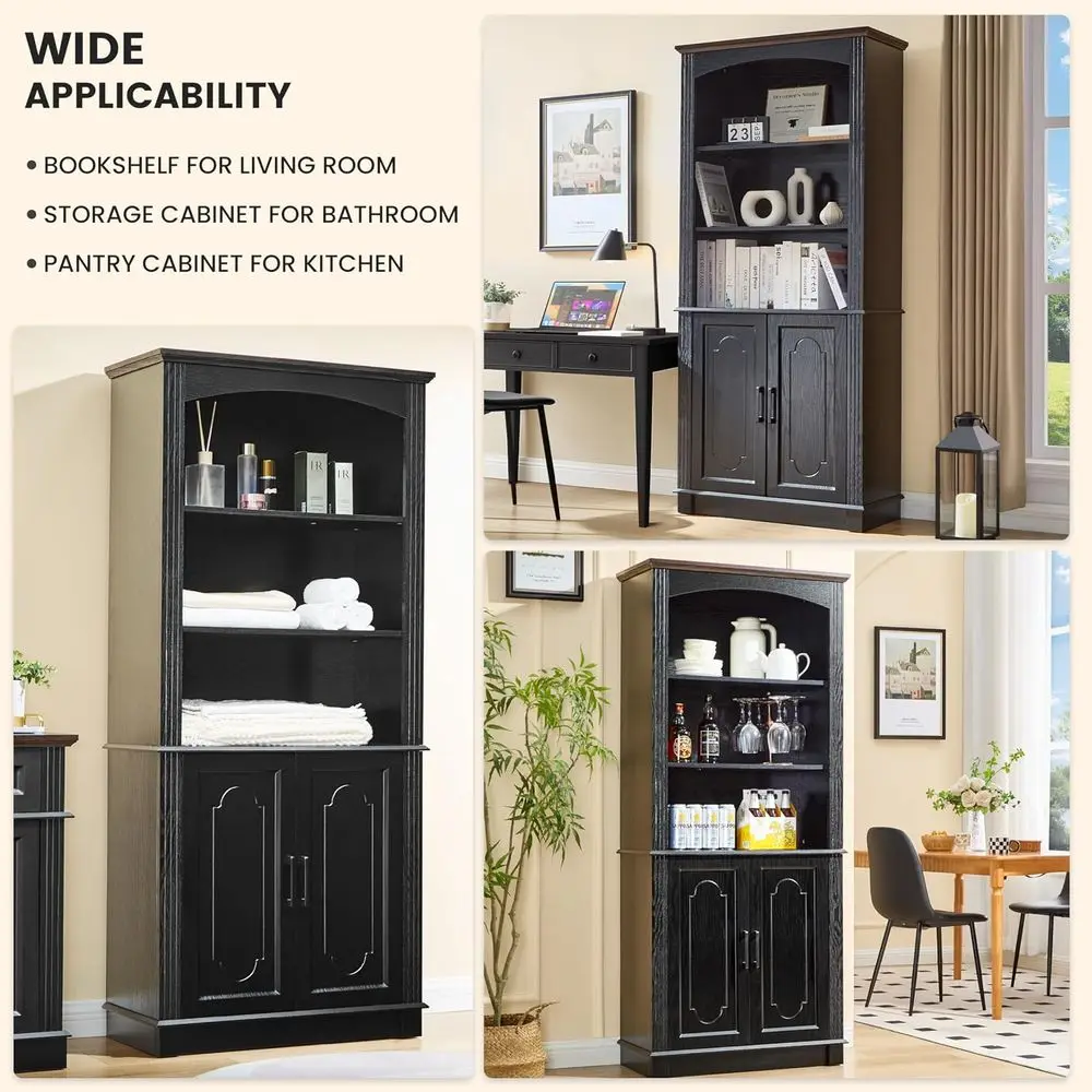 5 Tier 72 Inch Tall Wooden Bookshelf with Storage Cabinet, Cube Organizer, Display Furniture for Living Room and Pantry view 4