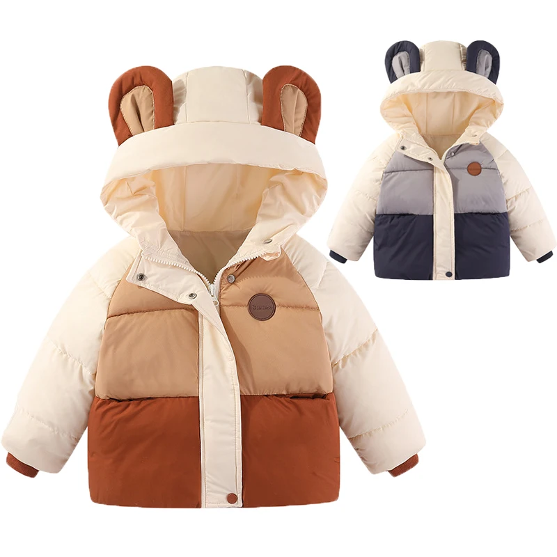 2023 Winter New Boys Jacket Patchwork Thicken Keep Warm Hooded Down Cotton Outwear For 2-6 Years Old Kids