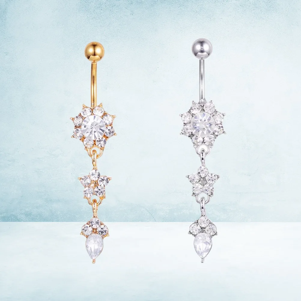 2 pezzi anelli per piercing all'ombelico pendente a forma di fiore a goccia ciondola elegante anello per ombelico gioielli per il corpo gioielli per piercing al corpo in oro bianco