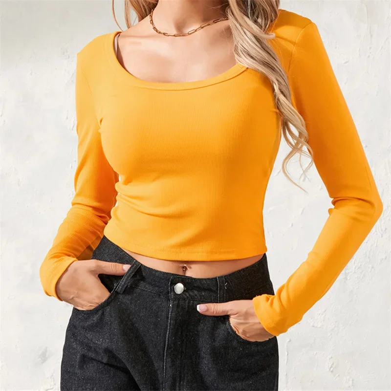 Women Wild Crop Tops Solid Color Ribbed Scoop Neck Long Sleeve T-Shirts Shirts Orange Halloween Costume 2024 Autumn