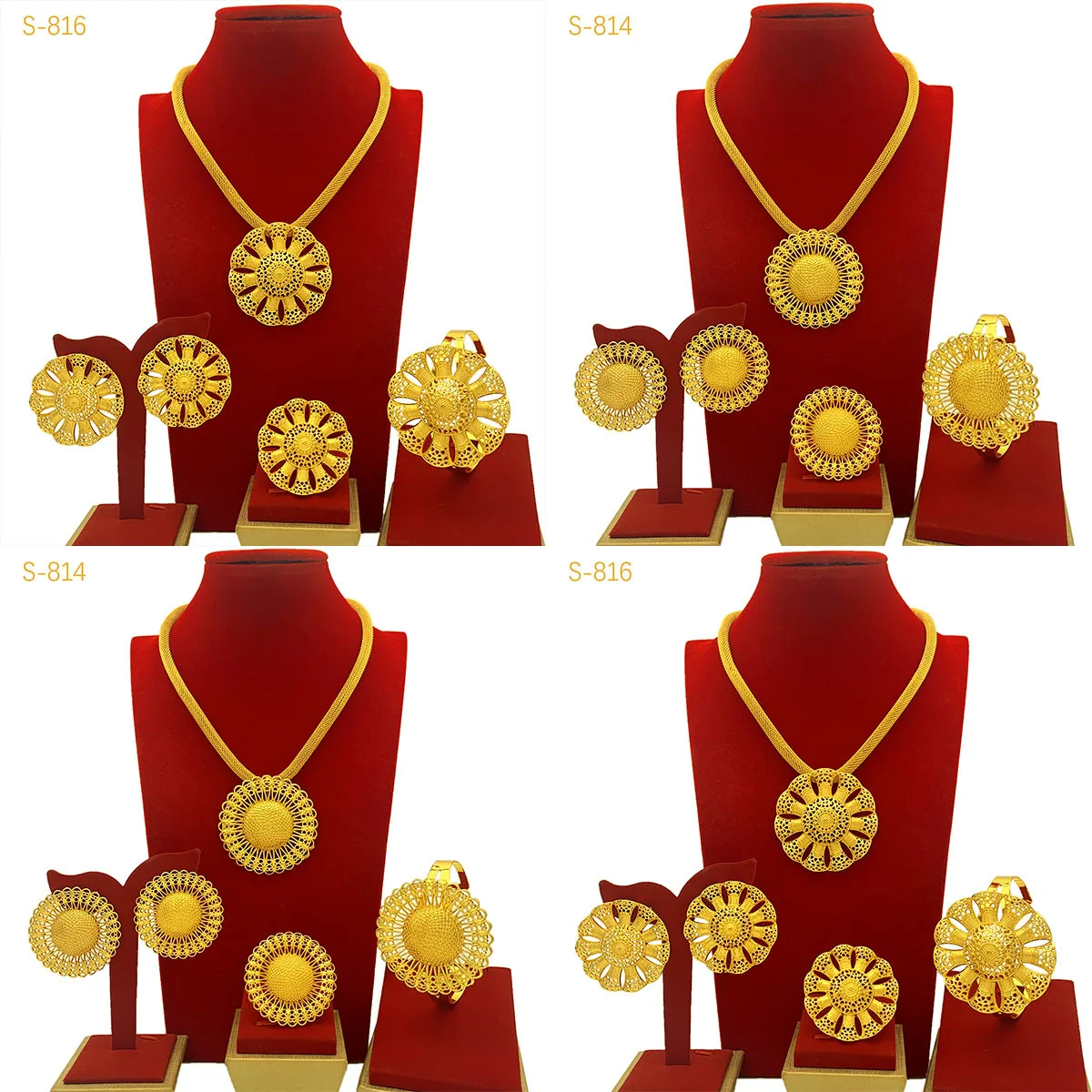

Floral Elegant Necklace Bracelet Earrings Ring 4-Piece Set Women 24K Gold AU999 - matched set elevates outfit style