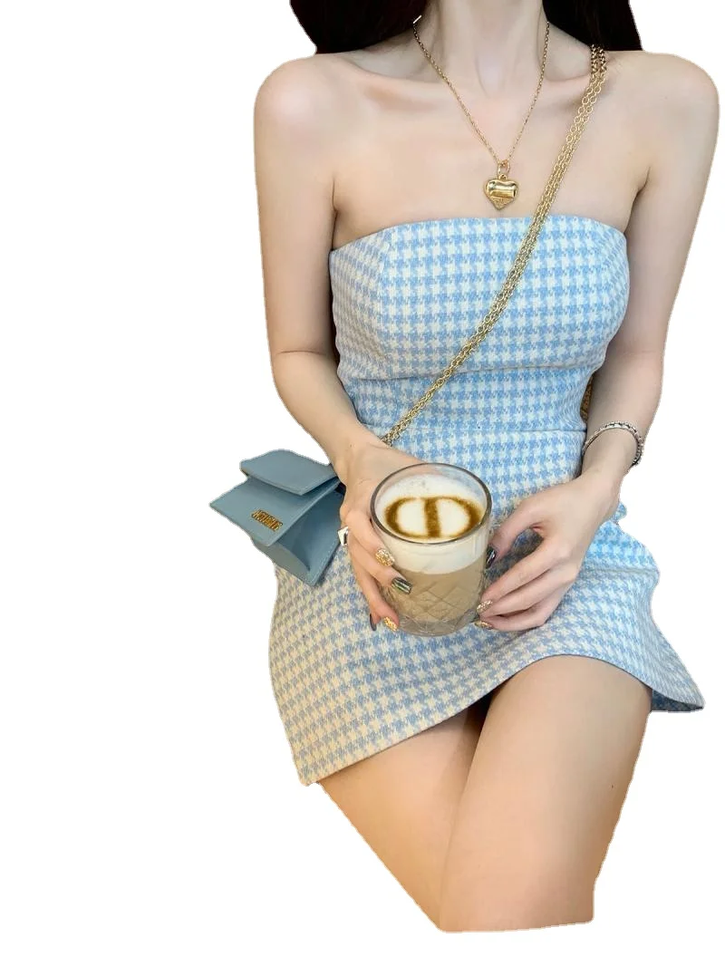 

2024 Blue Plaid Bandeau Dress Women's Spring Slim Wrap One-shoulder Dress