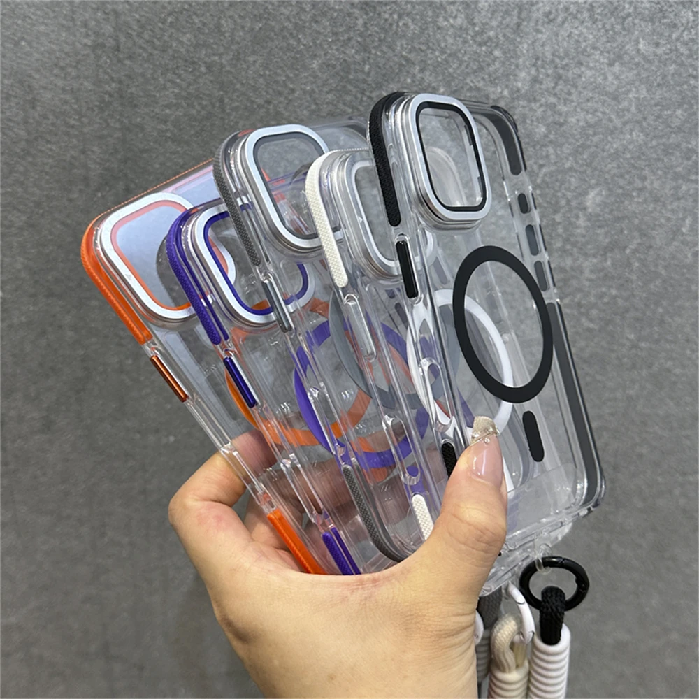 Magnetyczne etui z funkcją ładowania bezprzewodowego MagSafe, z klapką na aparat, uchwytem na nadgarstek, przezroczyste, do iPhone'a 17 16 11 12 13 14 15 Pro Max Plus — zdjęcie produktu 4