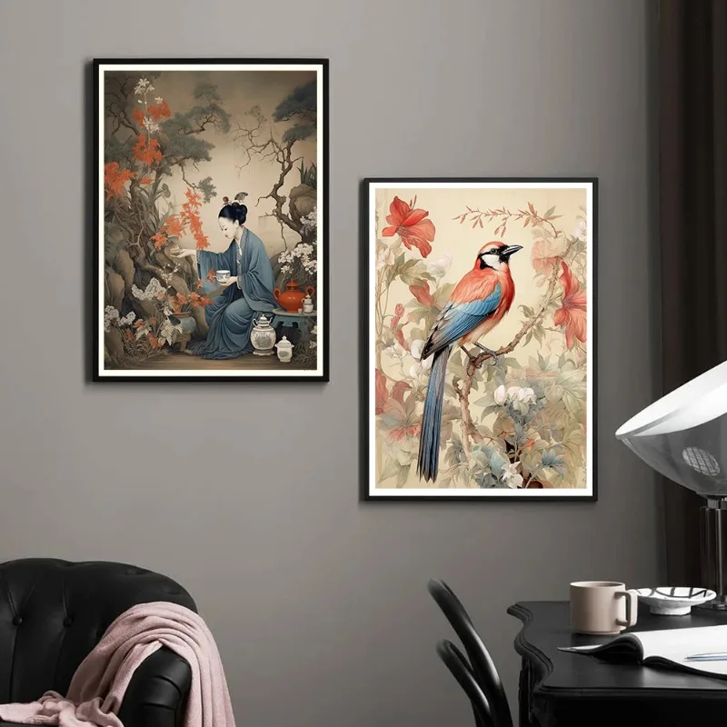 Vintage Chinoiserie Women Portrait Flowers Birds Build Posters and Prints Canvas Printing Wall Art Picture for Living Room Decor