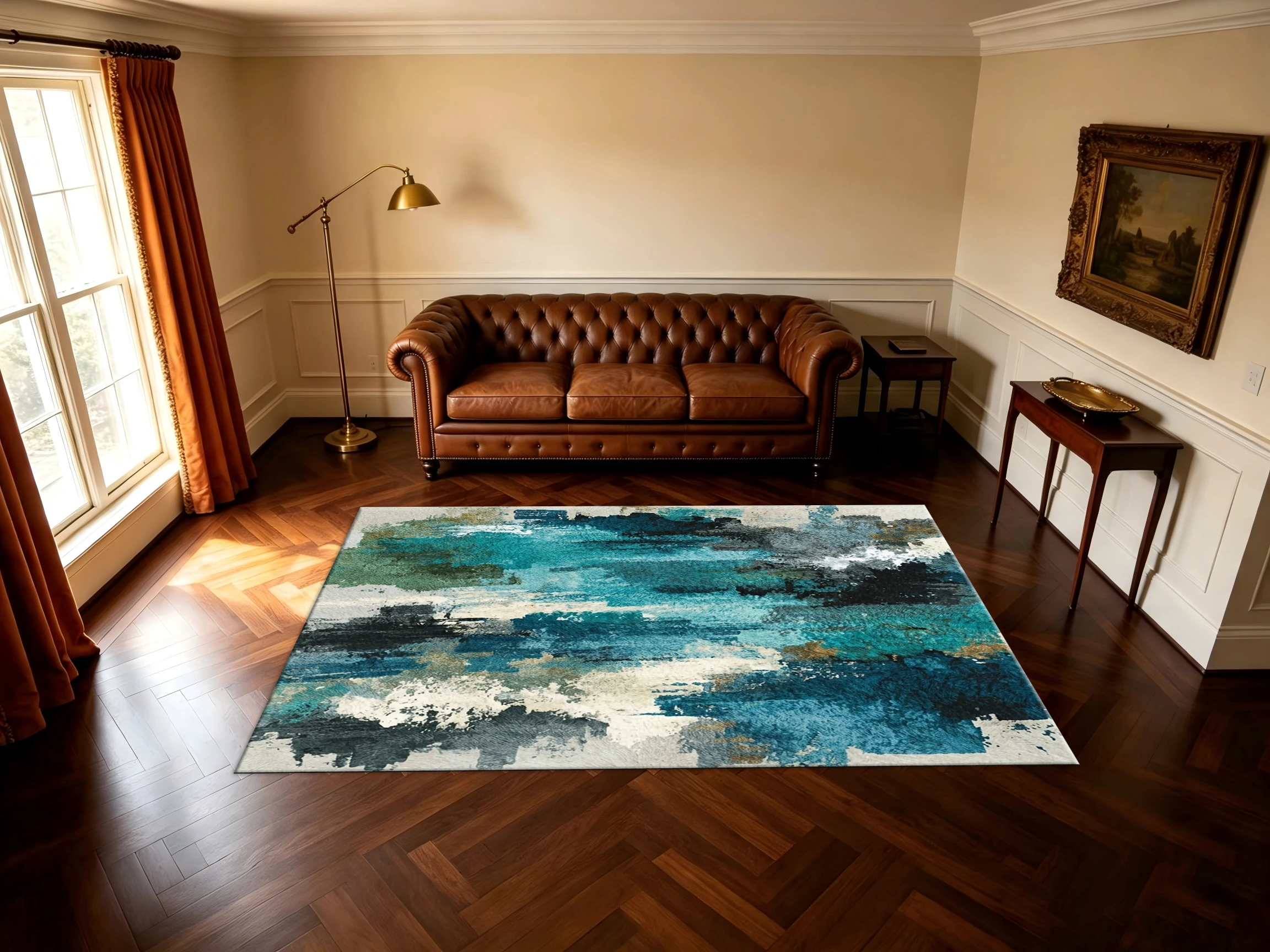Teal Blue Abstract Oil Painting Style Area Rug Modern Art Non‑Slip Soft Floor Carpet for Living Room Bedroom Home Decor Mat