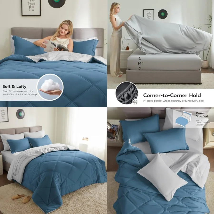 

Comforter Set with Sheets Blue, 7 Pieces Bed Set with 1 Down Alternative Comforter, 1 Flat Sheet, 1 Fitted Sheet, 2 Pillowcases