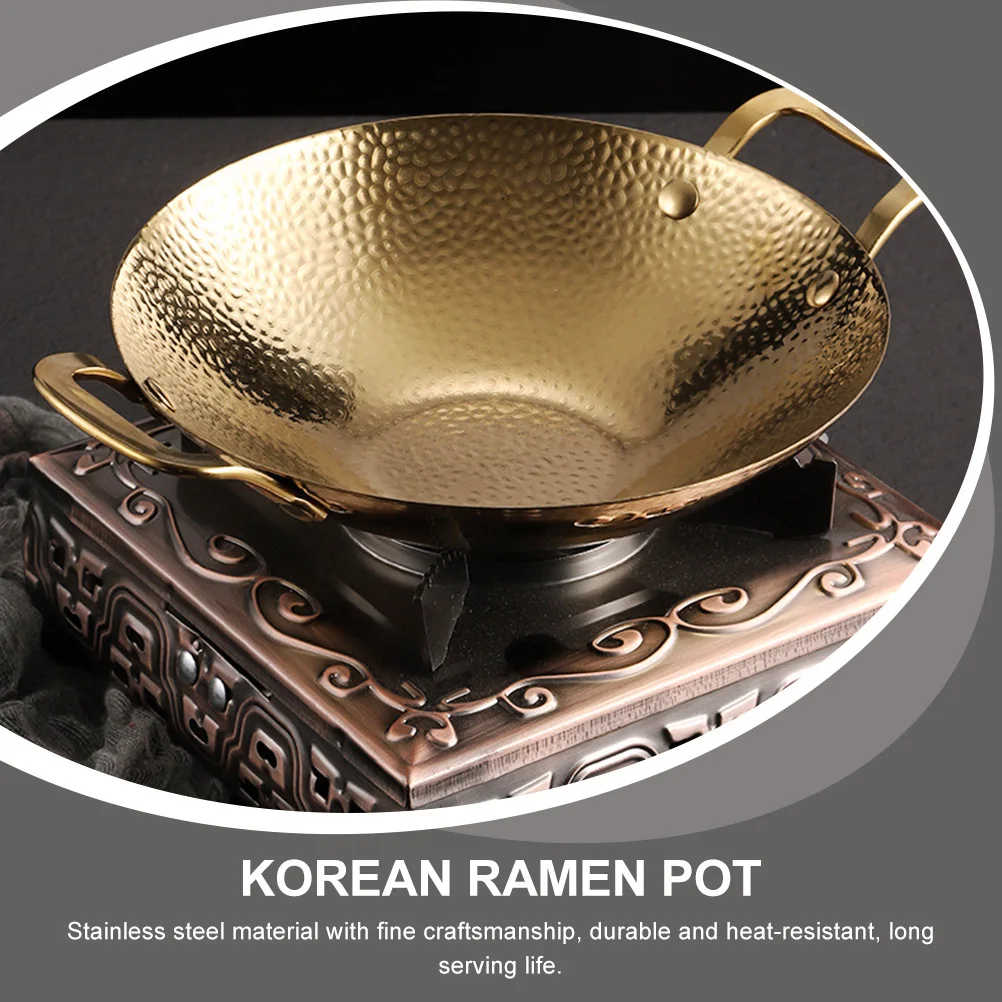 

Double Handle Stainless Steel Hammered Dry Pot Rapid Heating Cooking Pan for Korean Hot Pot Seafood Kitchen Cookware