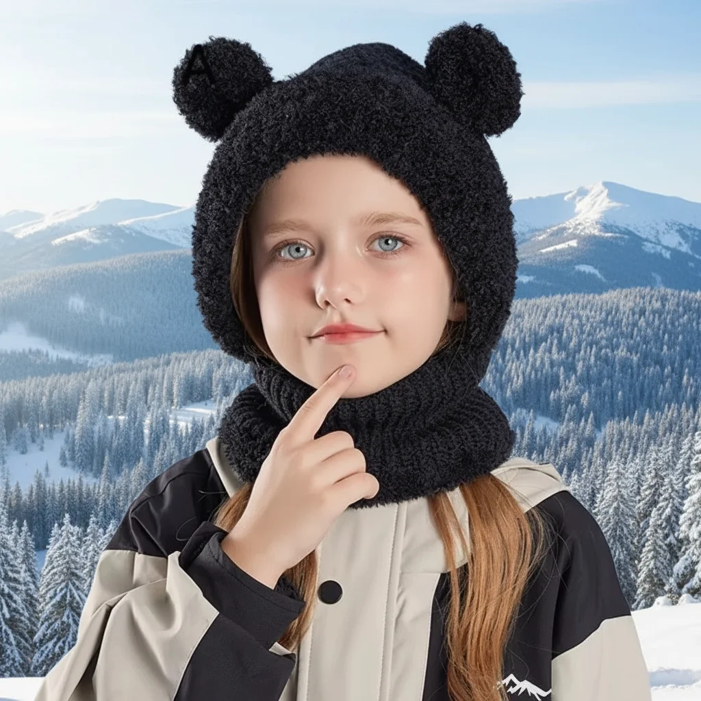 

Ear Protection Mask Kids Winter Balaclava Hat Fluffy Warm Neck Warmth Cover Hat Outdoor Knitted Girls Hooded Cap