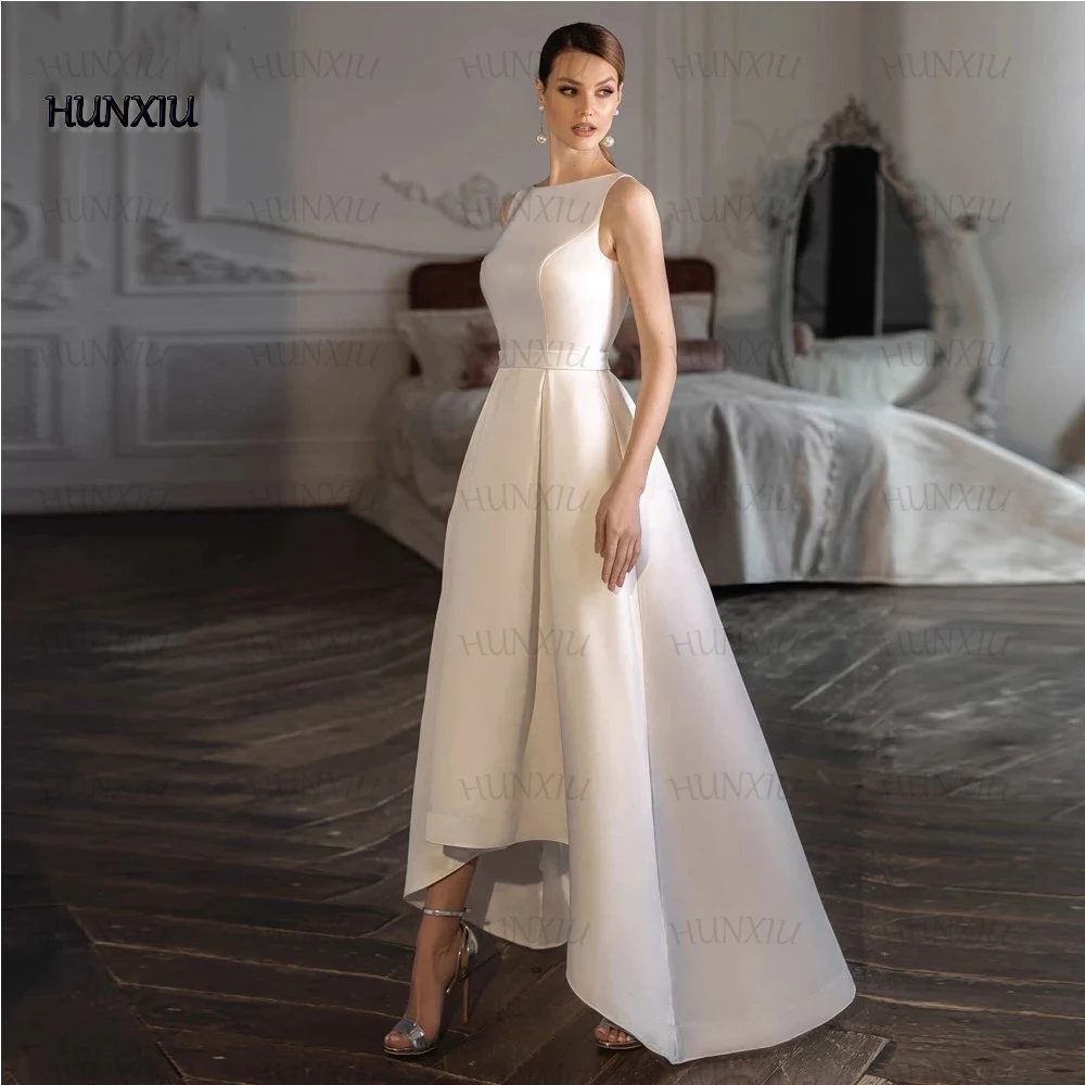 Simples cetim alta/baixo vestido de casamento colher pescoço sem mangas vestidos de noiva nupcial mariage com cinto e botão civil vestido de noiva