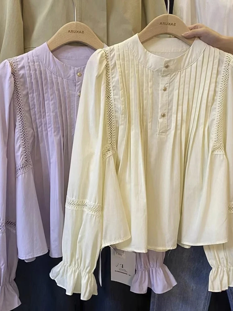

Elegant Long Sleeve Pleated Design Women's Shirt Dongda Gate Korean Style Doll Shirt Button up Polyester Fiber Casual Shirt