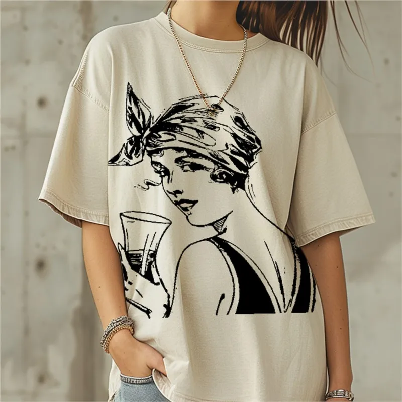

Elegant Figure Printed Washed Women T Shirt Casual Loose Cotton O Neck Tee Blouse New Men's Oversized Short Sleeve Pullover Top