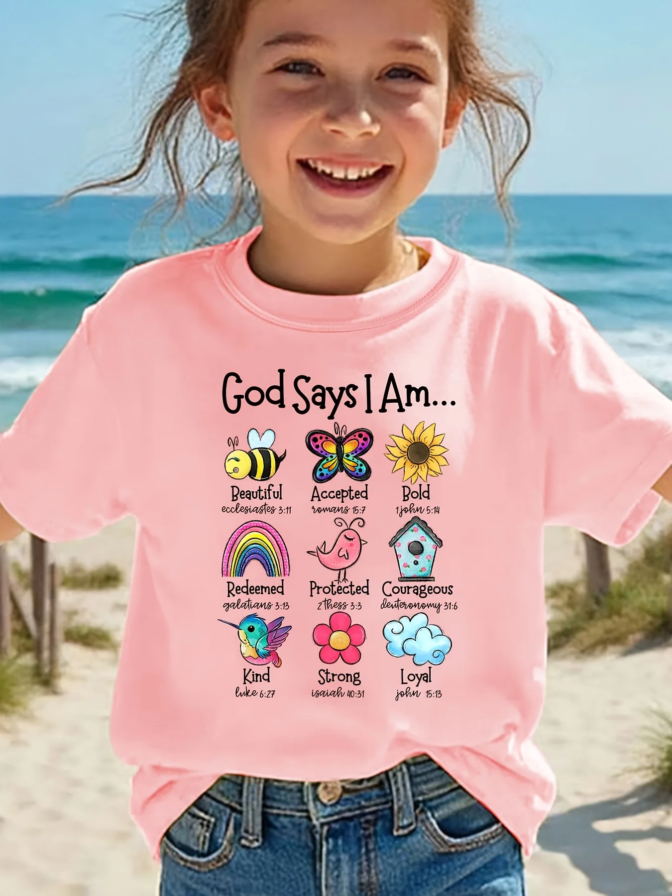 Kids T Shirt God Says I Am Bee Butterfly Sunflower Rainbow Bird Print Bible Faith Graphic Short Sleeve O Neck Soft Cotton Tops