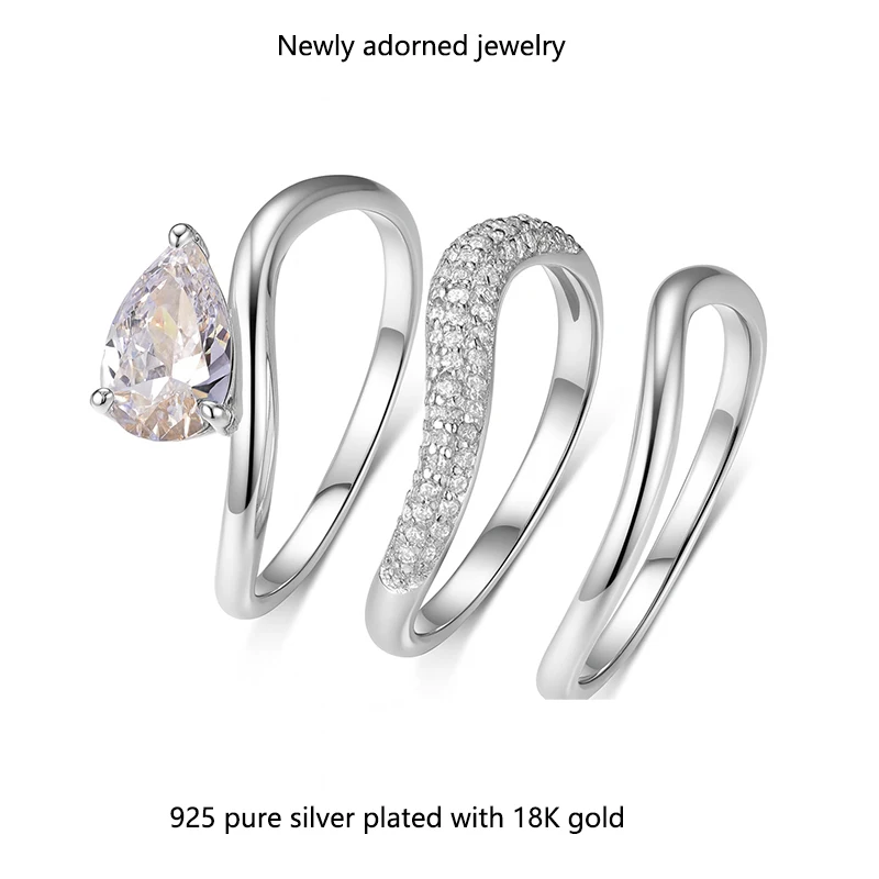 

Набор из трех серебряных кусочков S925 с грушевидными кольцами с муассанитом 1,5 карата, подходит для укладки, в настоящее время тренде.