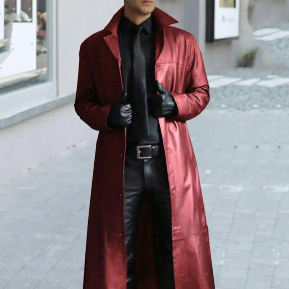 Herren-Kunstlederjacke, stilvoller Herren-Trenchcoat aus Kunstleder mit Umlegekragen, winddichtes Design, schmale Passform für Herren