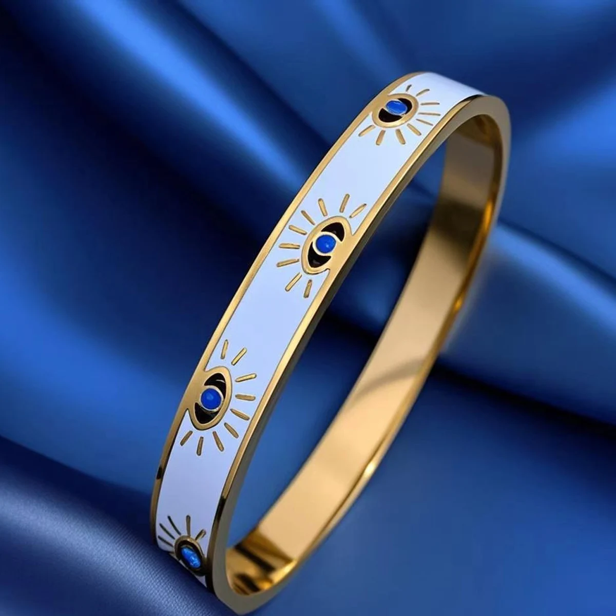 Trendy 316L Stainless Steel Evil Eye Bracelet for Women Charm White Enamel Wrist Waterproof Bangle Multi Epoxy Turquoise Bangle