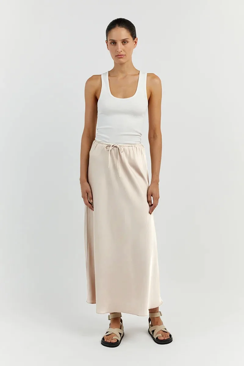 2026 Spring Summer Solid Color Satin Long Skirt For Women High Waist Lace-Up Fashion Elegant Faldas Light Luxury Women's Skirt