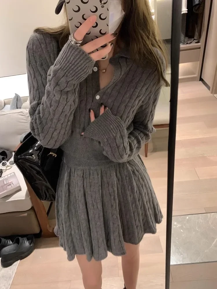 Fashion Grey Apricot Knit 2 Piece Skirt Sets Chic Girl Long Sleeve Twist Short Sweater Jumper&Pleated Mini Skirt 2PC Dress Suits