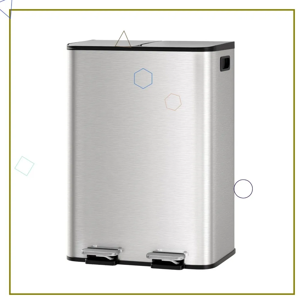 

Stainless Steel Dual Trash Can with Lid, 2x8 Gallon Kitchen Recycling Bin, Step-On Metal Garbage Cans