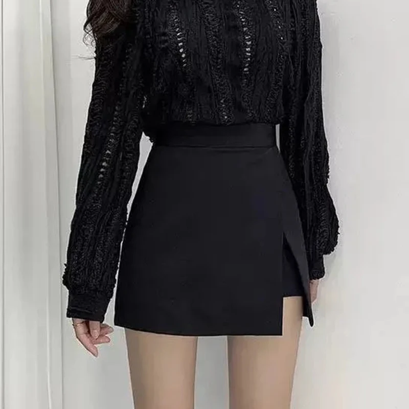 Black Mini Skirts Women Irregular Side Slits High Waist A Line Shorts Skirts Summer Korean Fashion Chic Hip Wrap Skirt Female