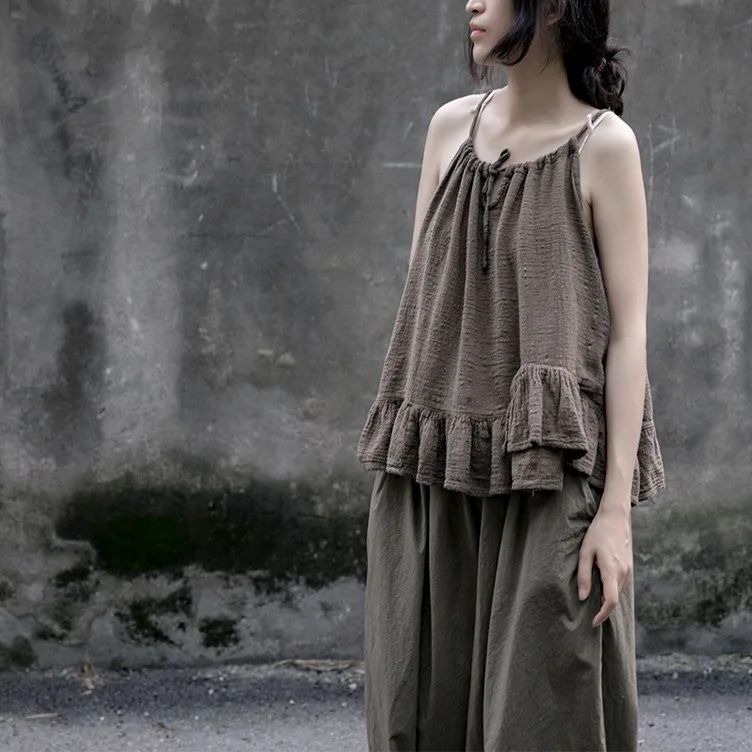 

Cute age reduction, drawstring vest inside and outside, lace-up cotton and linen ruffle edge sling, fashionable and casual versa