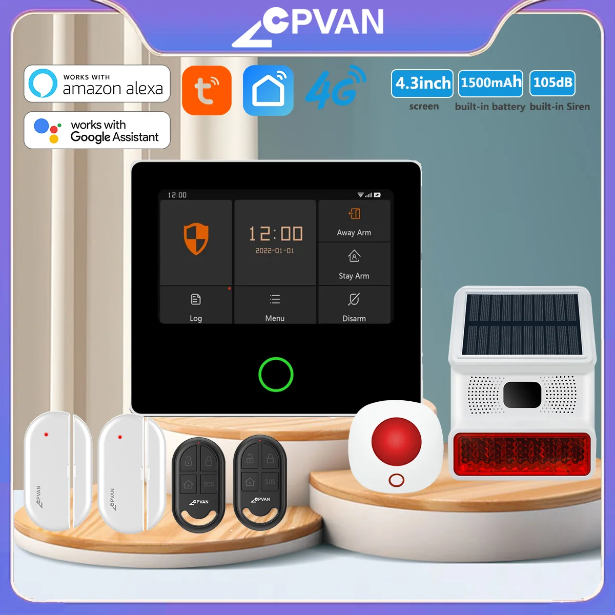 

CPVAN 4.3 inch touch screen Home Alarm System Wireless Smart Tuya WIFI 4G home burglar Security Alarm built-in Siren