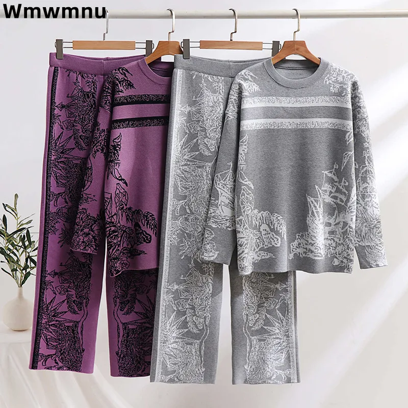 

Print Design Fashion Women Knitted Conjunto Korea Elegant O-neck Sweater Tops Two Piece Sets High Waist Wide Leg Pants Outfit
