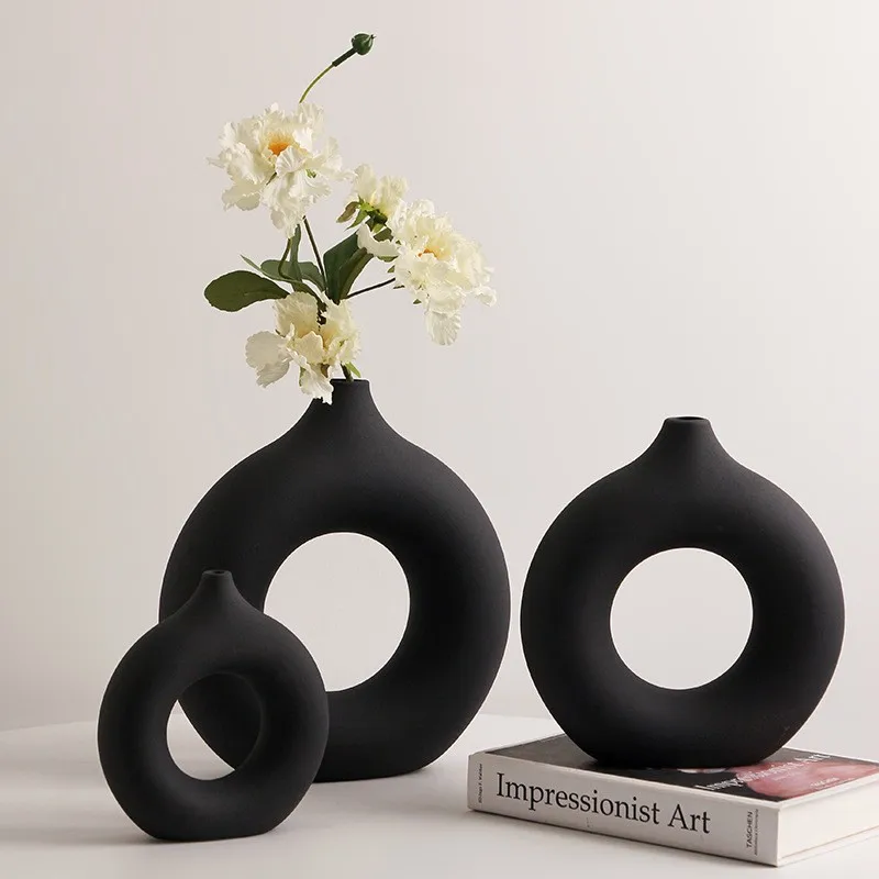 Nordic Circular Hollow Vase, Ceramic Donuts Flower Vase, Home Decoration Accessories, Interior Office Desktop Decor, Living Room