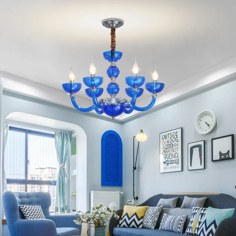 European Mediterranean Blue Ambience Chandelier Hotel Ktv Decoration Droplight Creative Apartment Bedroom E14 Glass Pendent Lamp