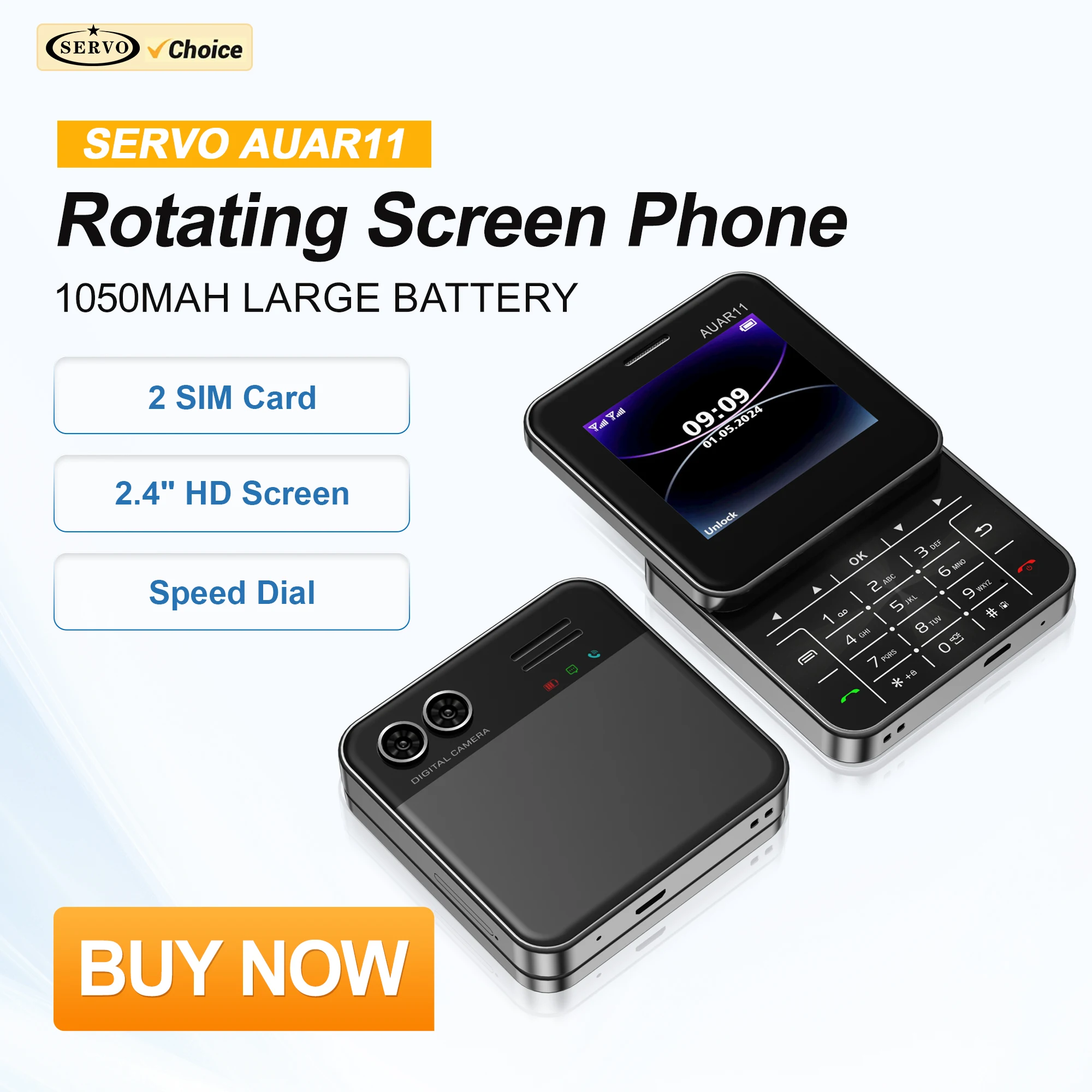 SERVO AUAR11 Rotating Screen Mobile Phone 2G GSM Speed Dial Magic Voice Blacklist FM Radio Button Slide Cellphones 2 SIM Standby