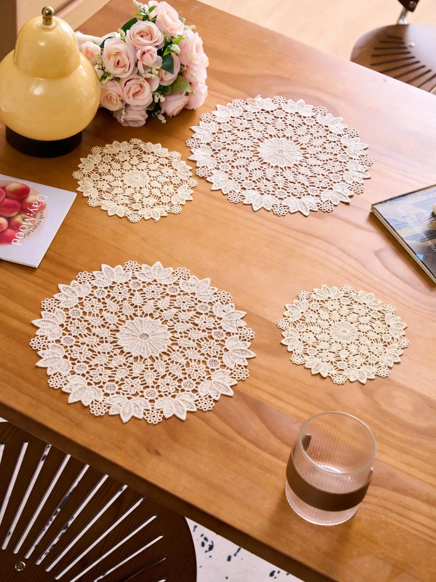 1/2/4/6pcs Ditsy Floral Embroidered Solid Color Round Placemats, Bohemian Style Kitchen Decor, Dining Table Mats, Coasters view 3