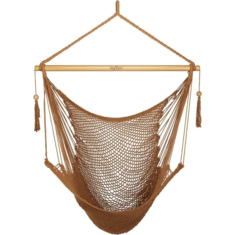 Brown  Hammock Chair with Spreader Bar Caribbean 300 LBS Weight Capacity XL Rope Hanging Chair for Outdoor Indoor Garden Yard