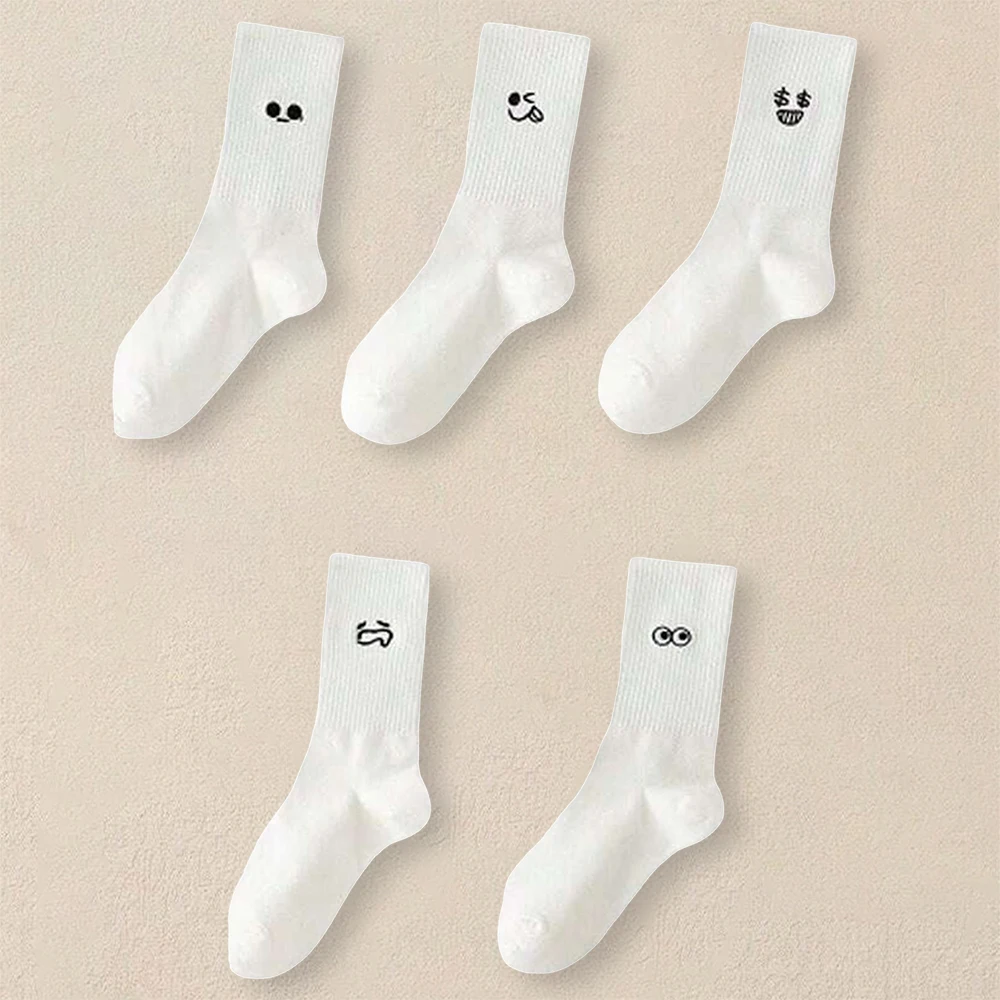 5 Pairs Men White Cartoon Socks Trendy Versatile Expression Socks With Simple Design Soft Breathable Comfortable Casual Socks