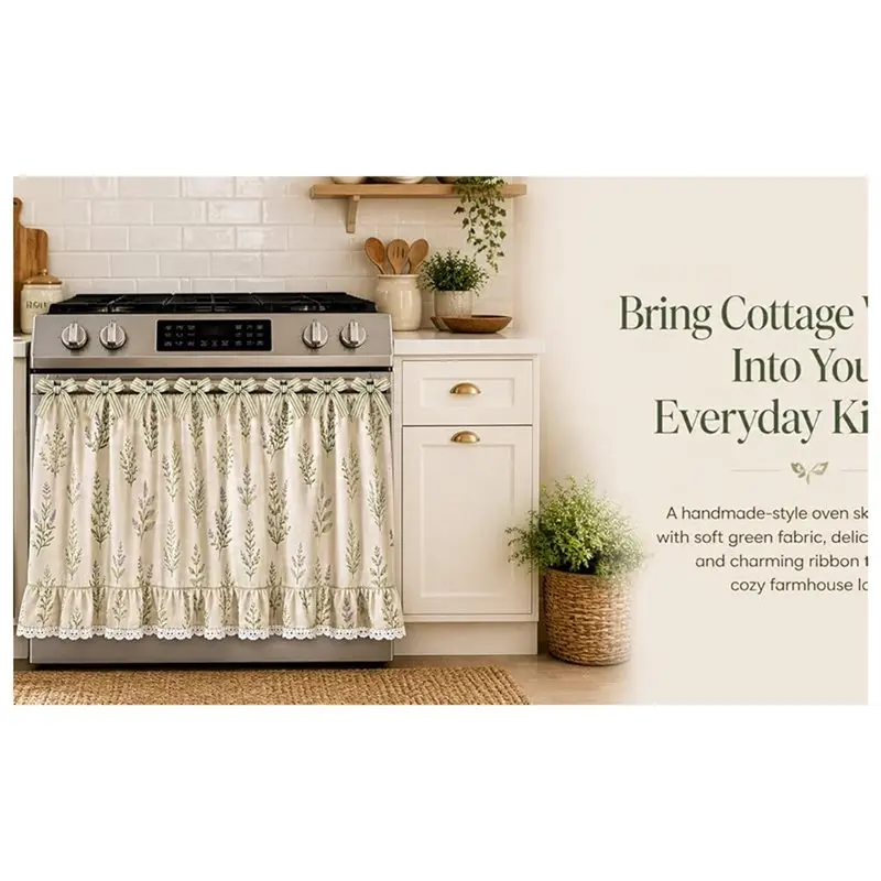 ABFU-Farmhouse Stove Skirt Oven Curtain For Kitchen Decor, Cotton Blend Stove Curtain With Lace Ruffle Trim & 9 Ribbon Ties