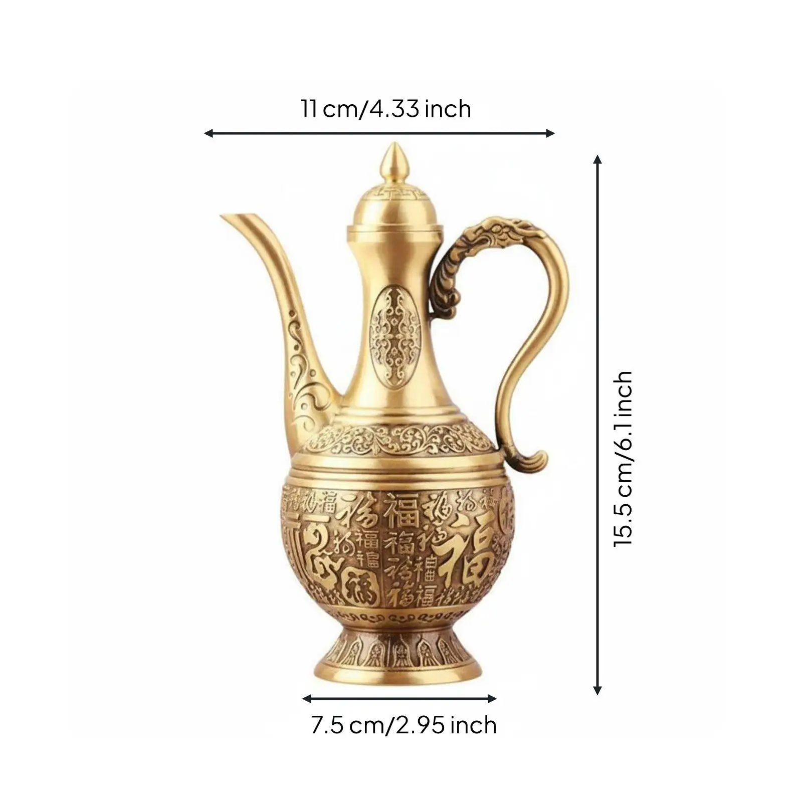 Brass Wine Decanter Ornate Handle Antique Decoration Chinese Blessing Flagon for Wine Cabinet Office Tabletop Decor