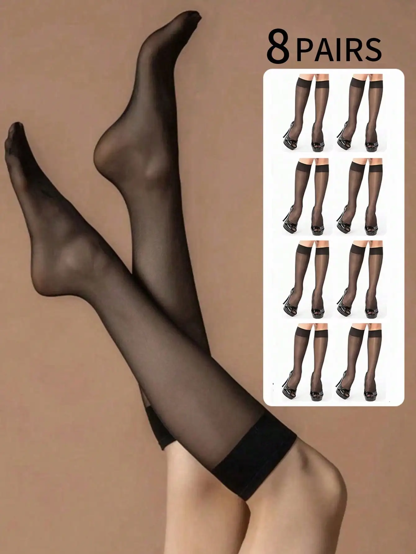 

8 Pairs Women's 15D Sheer Black Stockings, Ultra-Thin Mid Calf Socks, Anti-Hook, Versatile for Fall & JK Style