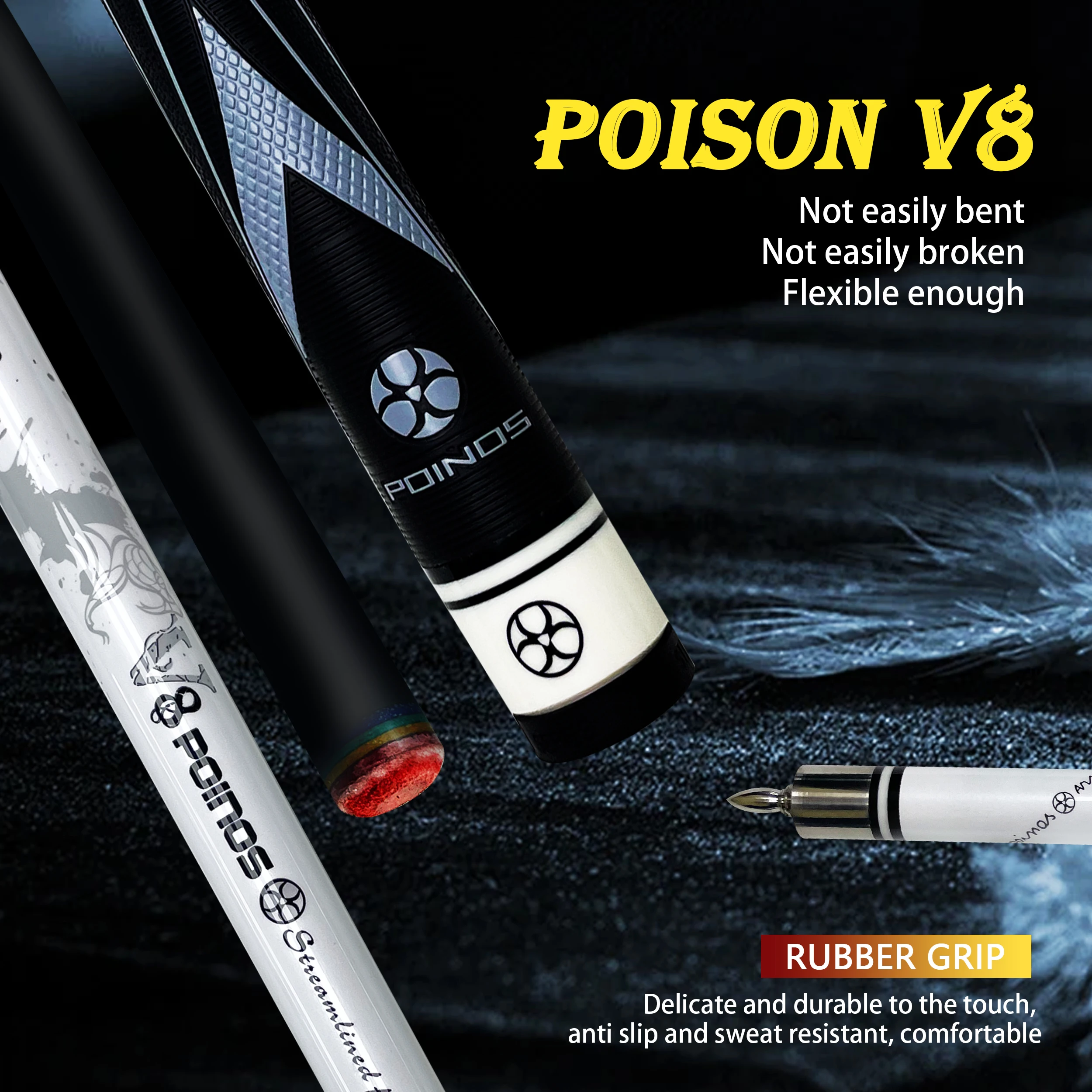

Poison V8 Pool Cue - 13mm Rainbow Leather Tip Bullet Lock 58.7in Carbon Fiber Split Stick with Rubber Grip Snooker/3 Cushion