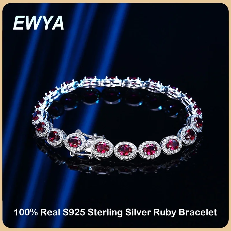 EWYA Luxury S925 Sterling Silver Full Ruby Tennis Bracelet for Women Party Fine Jewelry Lab Grown Gemstones Hand Link Bracelets