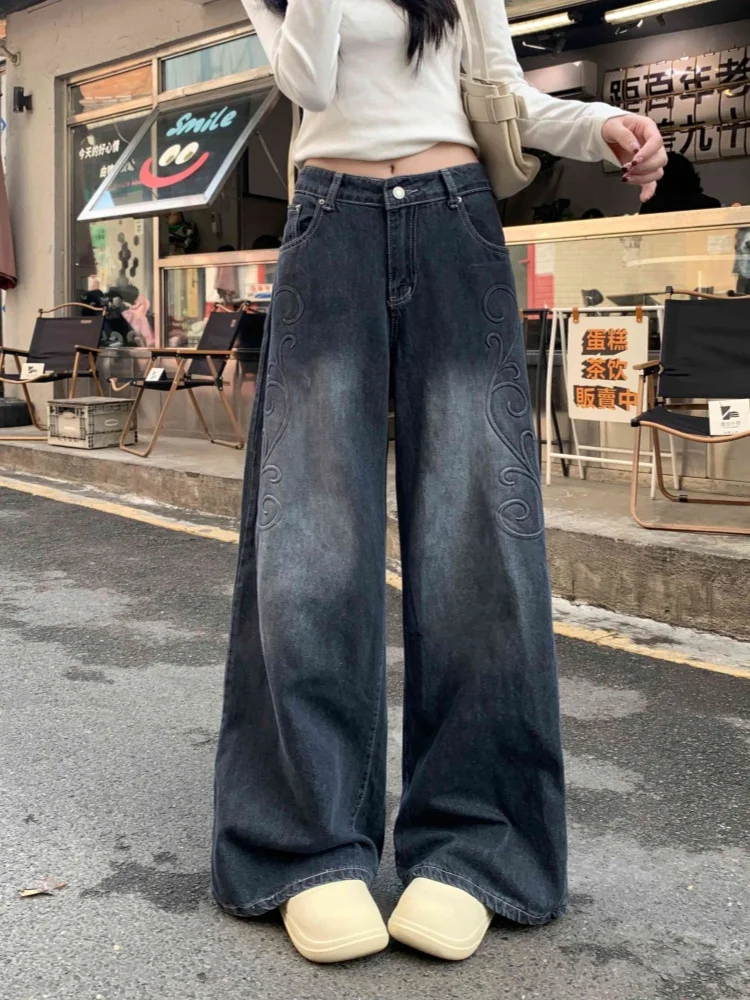 

Джинсы женские свободного кроя в стиле ретро Y2K с цветочной вышивкой, прямые, черные, с эффектом потертости, 2026