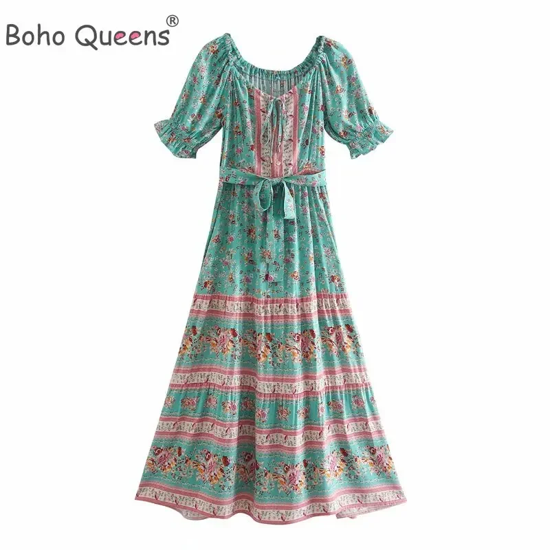 Boho Queens Hippie Women Multi Floral Print Bohemian Dress Ladies Short Sleeve Off Shoulder Sashes Rayon Maxi Dresses Vestidos