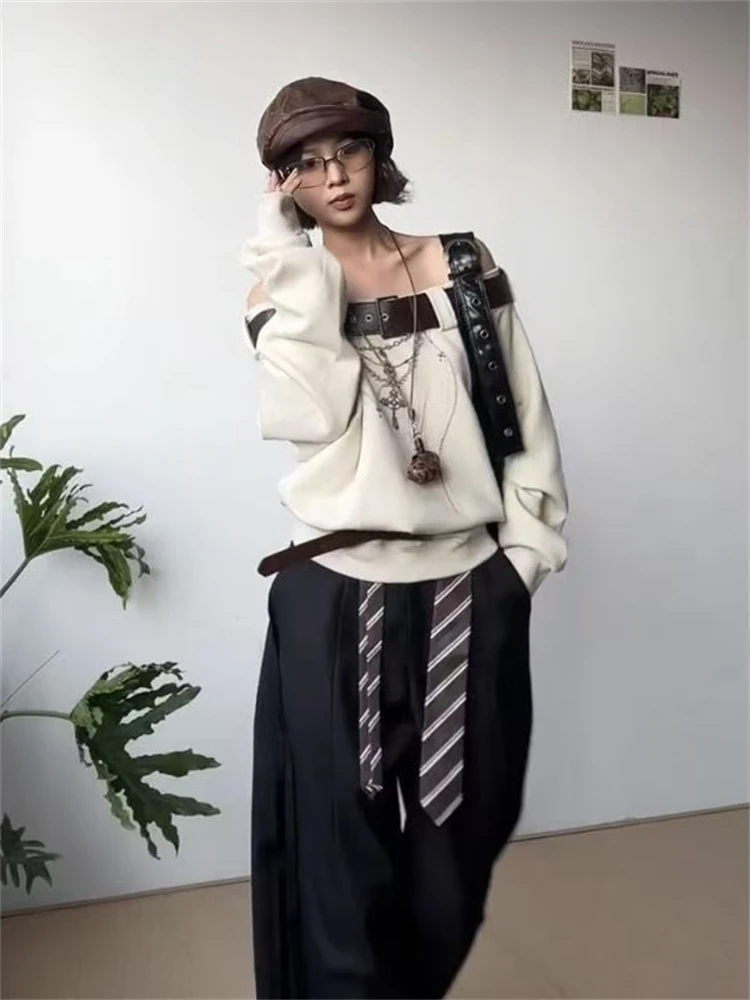 LOTDOOTN Amerikaanse Sle Pittig Meisje Diagonale Oulder Hoodie vrouwen Herfst Winter Punk Riem Lange Sve Losse Casual Subcultuur Kleding
