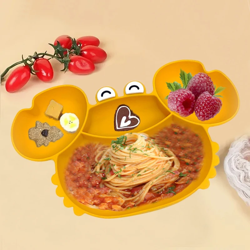 Children\'s silicone compartmentalized dinner plate cartoon plate baby auxiliary food tableware fall-proof with suction cups