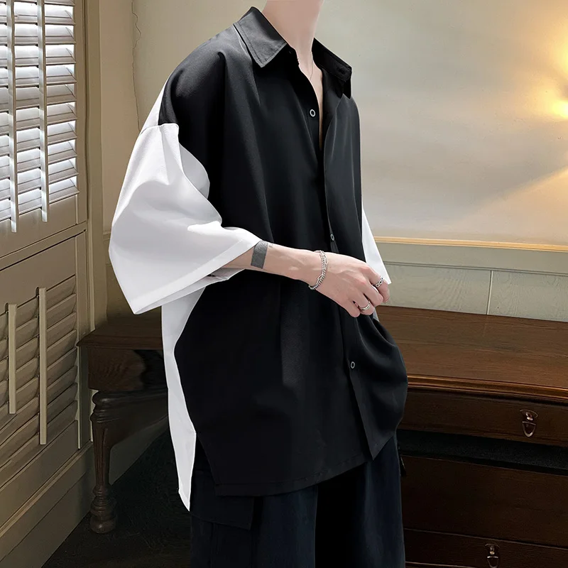 

Ice Silk Men's ort Sve irt Summer Thin Casual Loose Splicing Color Blo Jaet Cool Haome Youth Faion
