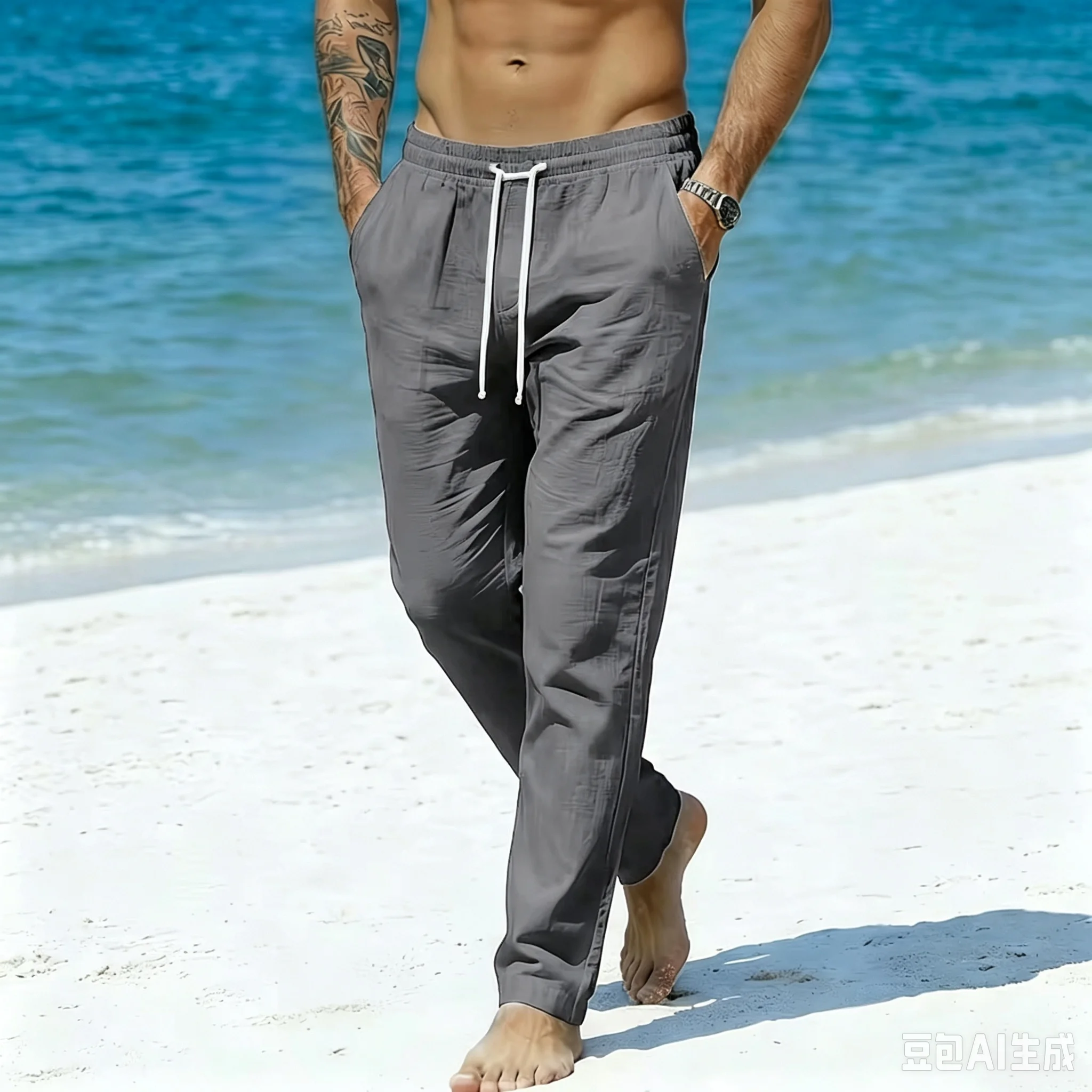 Heißer Verkauf: Herren-Leinenhose, einfarbig, atmungsaktiv, leicht, im Strandstil, für den Urlaub, gemütliche lange Hose mit elastischem Bund. – Detail 4