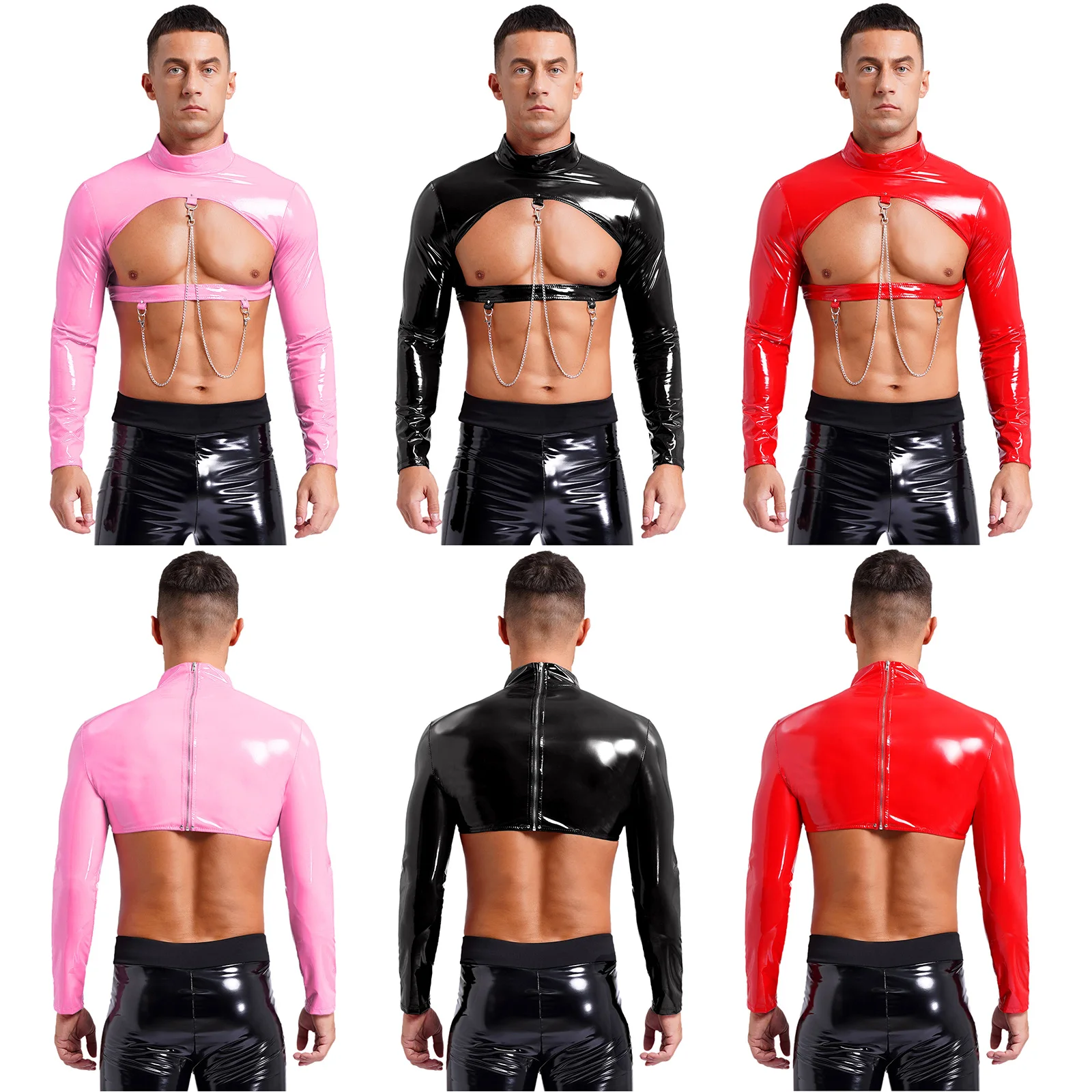 Men\'s Patent Leather Cutout Crop Tops Wetlook Latex Metal Chains Long Sleeve Zipper Shirts Muscle Showing Top Nightclub Clubwear