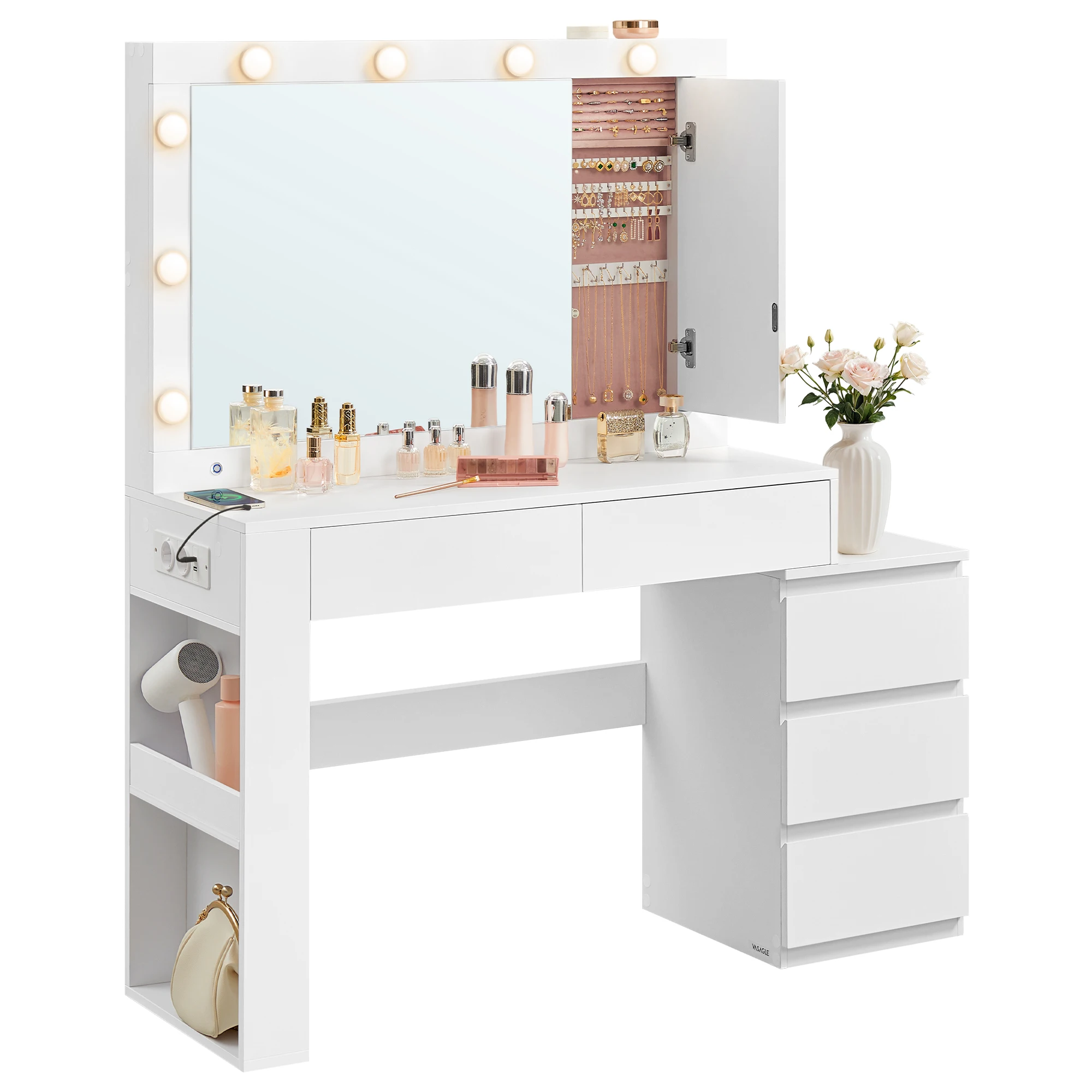 VASAGLE kaptafel met LED-verlichting, kaptafel met spiegel, sieradenkast, stopcontactstrip, 40x125x140cm - afbeelding 1