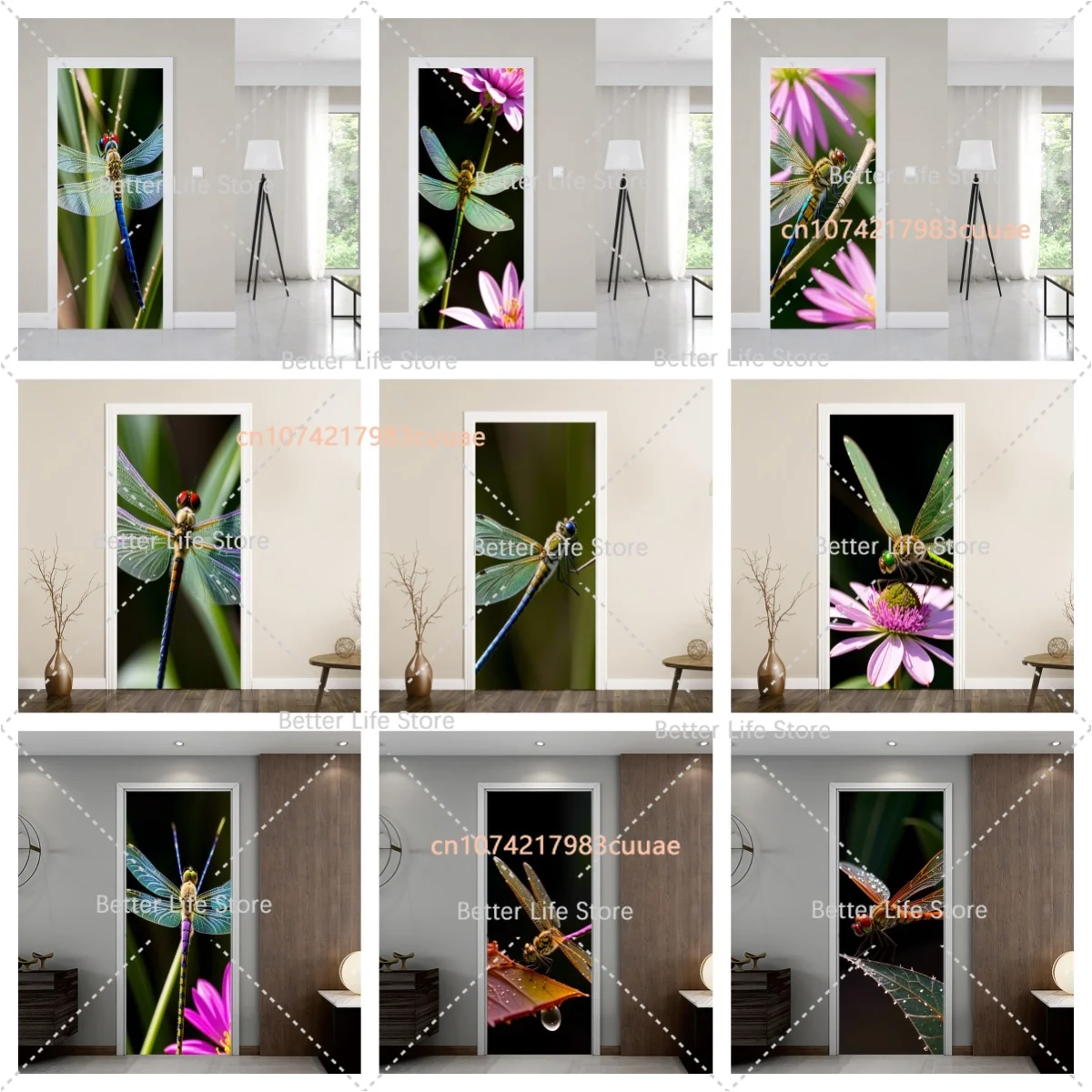 3D Dragonfly Door Sticker Vinyl PVC Waterproof Self-adhesive Cabinet Bathroom Glass Door Bedroom Apartment Elevator Door Sticker