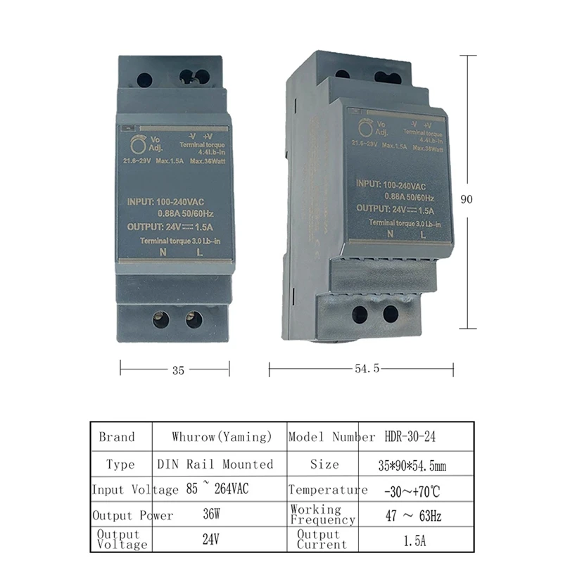 Fuente de alimentación de carril DIN ultradelgada, protección contra cortocircuitos, indicador LED para encendido 24V DC 1.5A, HDR-30-24