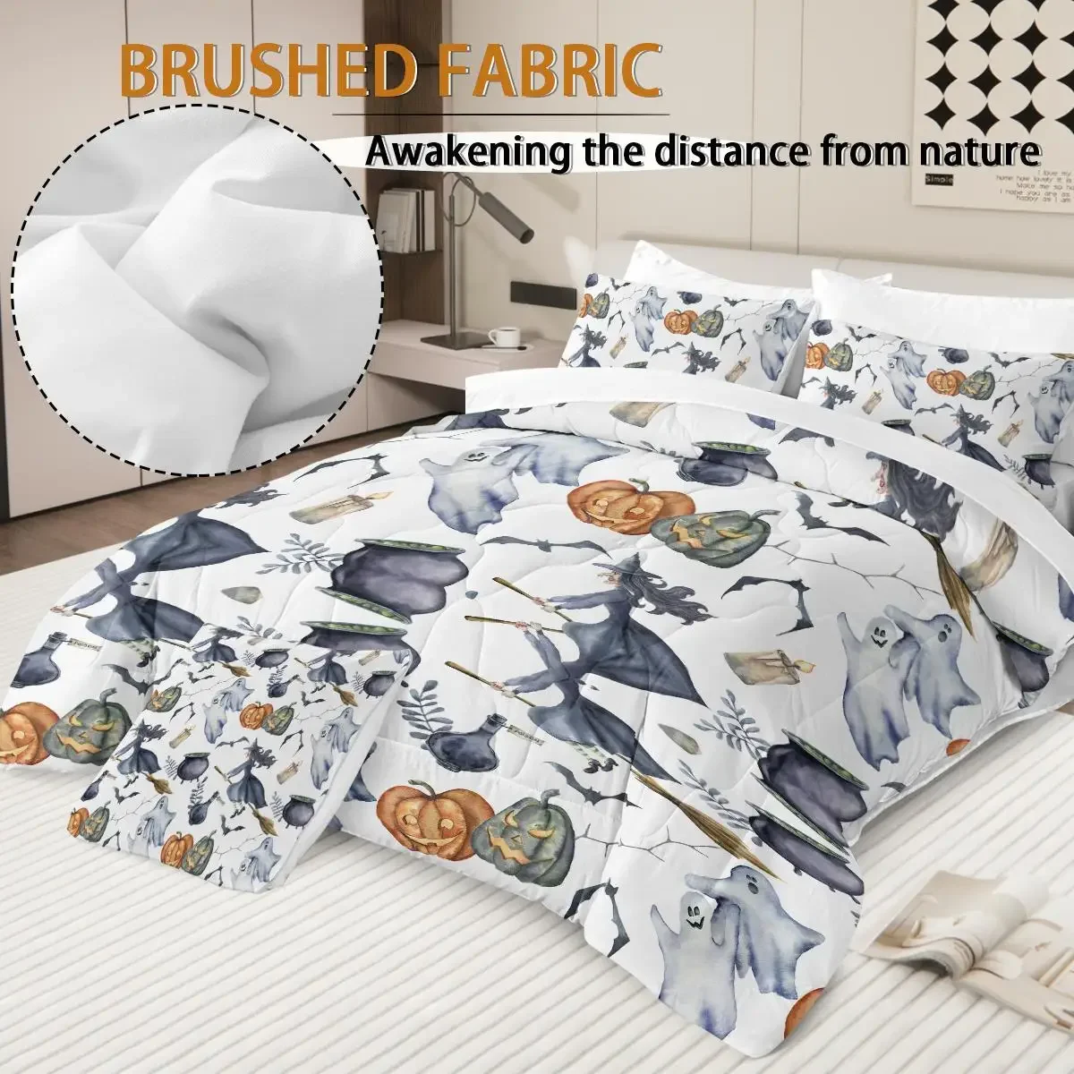 3PCS Halloween Witch Pattern Bed in a Bag Set - Twin Comforter, Sheets, Shams & Cushion Cover for Spooky Decor