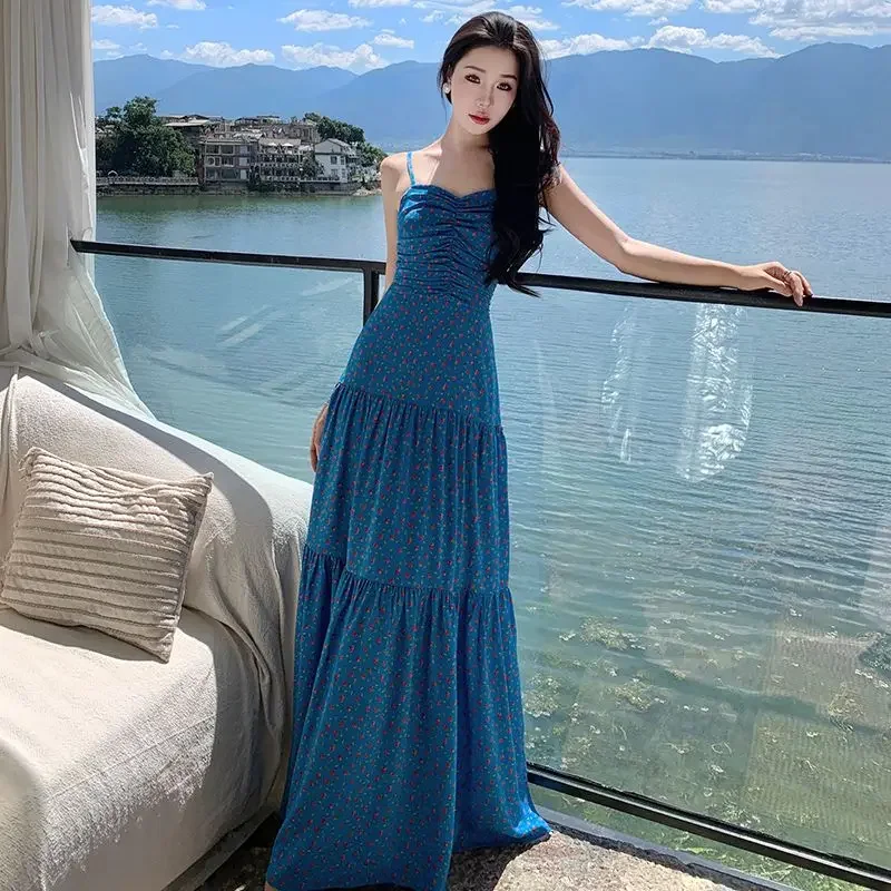 

Backless Suspender Skirt for Women Floral One-shoulder Dress on The Beach Vacation Beach Skirt Long Skirt Waist and Ankle Z209